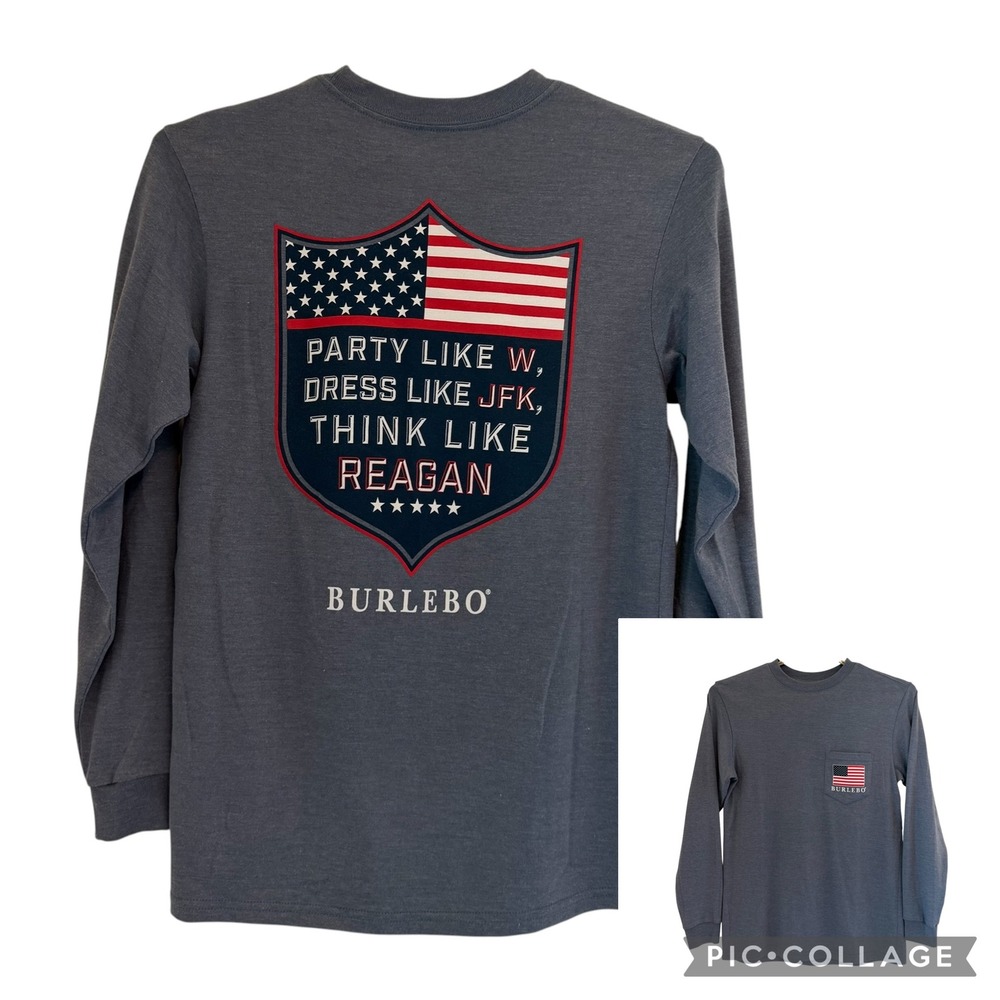 Burlebo Long Sleeve Pocket T-Shirt Mens Small  Blue Party Like W JFK Reagan Flag